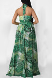 Green Elegant Vacation Print Patchwork Backless Slit Halter Straight Dresses
