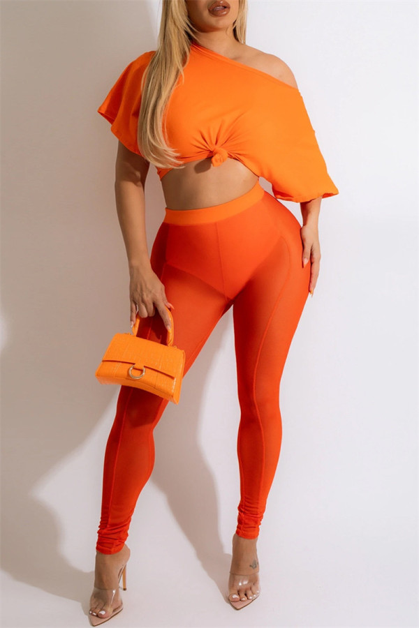 Оранжевый Мода Повседневная Твердая Пэчворк Прозрачный О-образный вырез С коротким рукавом Из двух частей
