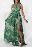 Verde elegante estampado de vacaciones patchwork sin espalda hendidura halter vestidos rectos