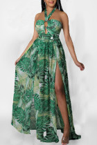 Green Elegant Vacation Print Patchwork Backless Slit Halter Straight Dresses