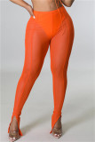 Oranje sexy casual effen patchwork doorschijnende spleet skinny hoge taille broek