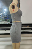Grey Sexy Solid Patchwork Spaghetti Strap Sleeveless Two Pieces