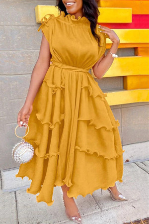 Yellow Fashion Casual Solid Patchwork Half A Turtleneck Sleeveless Dress