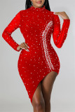 赤のセクシーなパッチワークホットドリルバックレスビーズ非対称ハーフタートルネック長袖ドレス