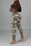 Cinza moda estampa de camuflagem com borla e cintura alta lápis com estampa completa