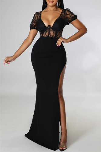 Black Sexy Solid Patchwork See-through Backless Slit V Neck Evening Dress
