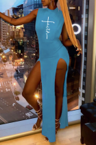 ライトブルーのセクシーなプリントハイオープニングハーフタートルネックの不規則なドレスドレス