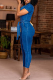 Ковбойский синий модный повседневный однотонный лоскутный отложной воротник с коротким рукавом узкие джинсовые комбинезоны