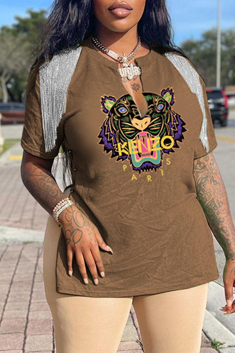

Coffee Fashion Casual Print Letter V Neck T-Shirts