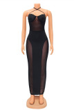 Black Fashion Sexy Patchwork Solid Bandage See-through Backless Halter Sleeveless Dress