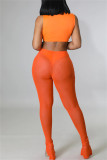 Orangefarbene, sexy, lässige, solide Patchwork-Hose mit durchsichtigem Schlitz und hoher Taille