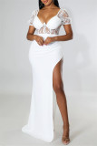 Белое сексуальное сплошное лоскутное прозрачное вечернее платье с разрезом на спине и V-образным вырезом