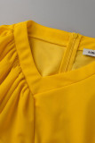Gelbe, elegante, solide Patchwork-Faltenkleider mit asymmetrischem Kragen und A-Linie