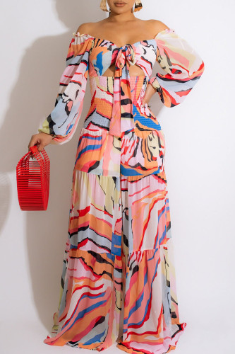Multicolor Sweet Elegant Print Bandage Patchwork V Neck Straight Jumpsuits