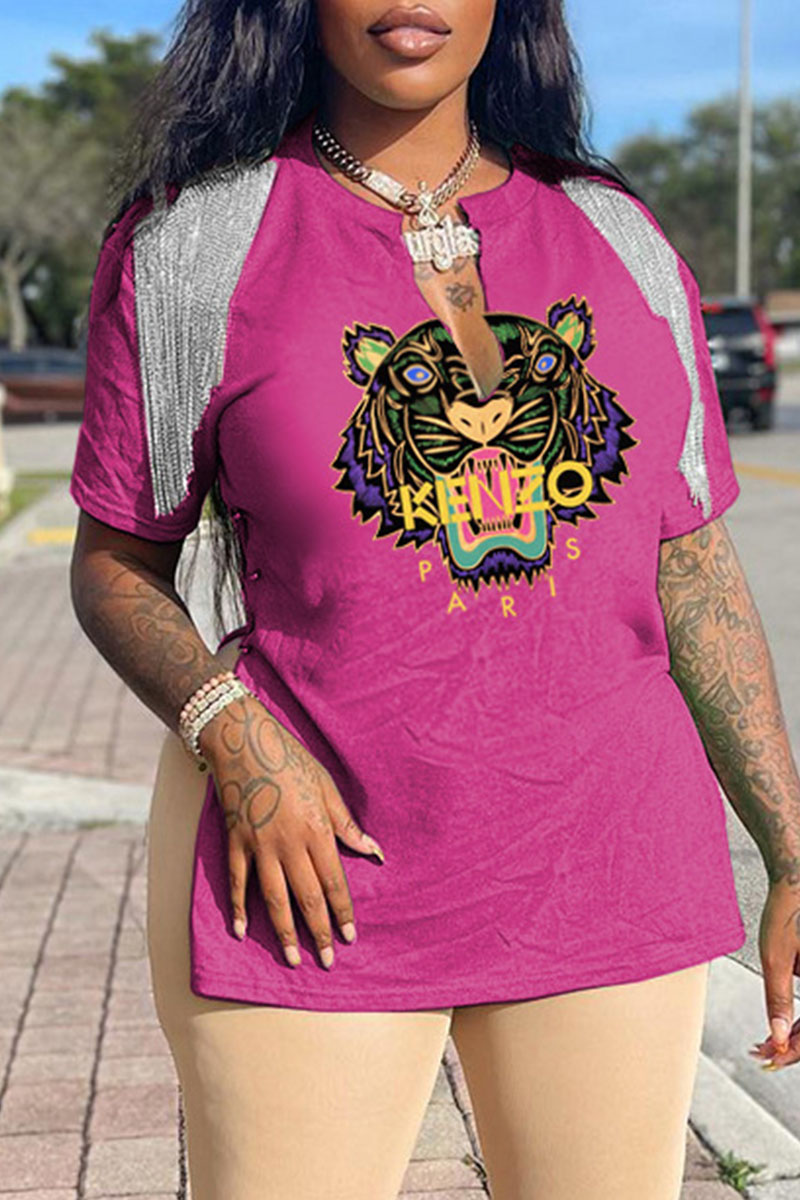 Purple Fashion Casual Print Letter V Neck T-Shirts