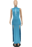 Светло-голубой сексуальный принт с высоким вырезом Половина водолазки Асимметричное платье Платья