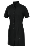 Robes de robe de chemise à col rabattu en patchwork uni décontracté noir