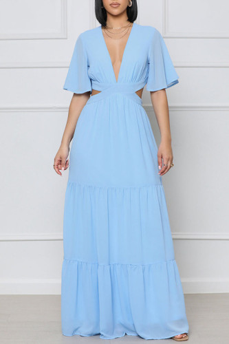 ブルーのエレガントなソリッドホローアウトパッチワークVネックストレートドレス