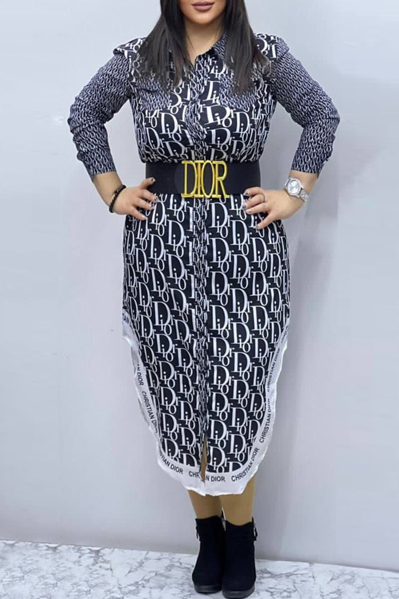 

Black Fashion Casual Print Letter Turndown Collar One Step Skirt Dresses