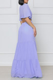 Blauwe elegante effen uitgeholde patchwork rechte V-hals jurken