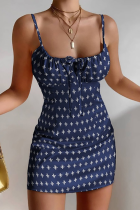 ブルーファッションプリント包帯スパゲッティストラップペンシルスカートドレス