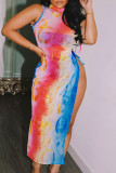 Цветной сексуальный принт в стиле пэчворк с разрезом и круглым вырезом, одноступенчатые юбки