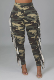 Green Fashion Camouflage Print Tassel Skinny High Waist Pencil Full Print Bottoms