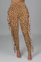 Pantalones con estampado completo de lápiz de cintura alta con borlas de leopardo sexy amarillo