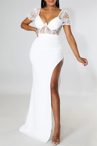 White Sexy Solid Patchwork See-through Backless Slit V Neck Evening Dress
