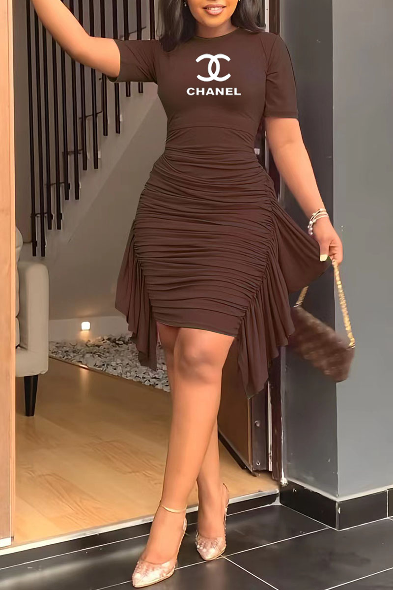 Dark Brown Fashion Casual Print Tassel Fold O Neck One Step Skirt Dresses