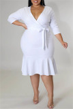 Белая модная повседневная сплошная повязка в стиле пэчворк с V-образным вырезом и завернутой юбкой Платья больших размеров