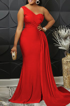 Красное модное сексуальное однотонное вечернее платье в стиле пэчворк с открытой спиной и разрезом на одно плечо