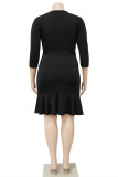ブラック ファッション カジュアル ソリッド バンデージ パッチワーク V ネック ラップ スカート プラス サイズ ドレス