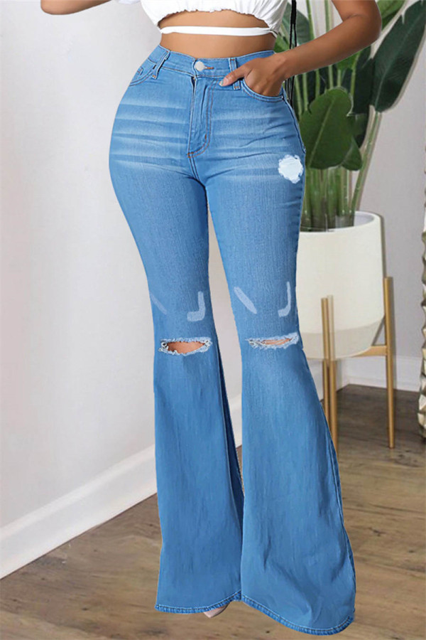 Medium Blue Fashion Casual Solid High Waist Regular Flare Leg Ripped Denim Jeans
