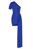 Синие модные повседневные однотонные лоскутные платья с открытой спиной и косым воротником с короткими рукавами