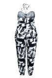 Zwart Wit Casual Print Bandage Backless Strapless Plus Size Jumpsuits