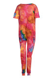 Red Fashion Casual Print Tie-dye V Neck Loose Jumpsuits