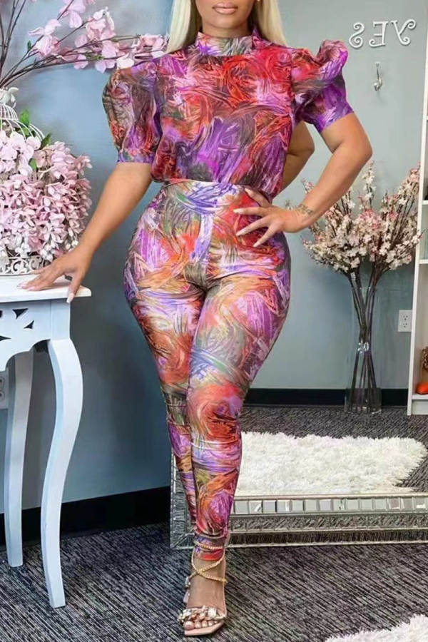 Red Fashion Casual Print Patchwork Coltrui Regular Jumpsuits
