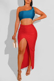 Rose Red Casual Solid Patchwork Slit Oblique Collar Two Pieces