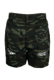 Camouflage Mode Casual Camouflage Print Gescheurde Regular Denim Shorts met hoge taille