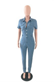 Baby Blue Fashion Casual Solid Patchwork Turndown Collar Regular Jumpsuits