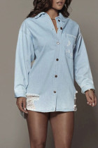 Blue Casual Solid Buckle Turndown Collar Long Sleeve Straight Distressed Ripped Denim Jacket