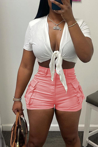 Pink Sexy Solid Patchwork Pocket Knotted V Neck Short Sleeve Two Pieces