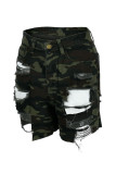 Camouflage Mode Casual Camouflage Print Gescheurde Regular Denim Shorts met hoge taille