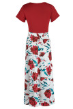Red Fashion Casual Print Patchwork O Neck Short Sleeve Dress