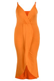 Orange Fashion Sexy Plus Size Solid Patchwork V Neck Sling Dress