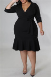 Черная модная повседневная сплошная повязка в стиле пэчворк с V-образным вырезом и завернутой юбкой Платья больших размеров