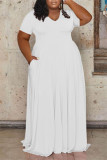 Weißes, modisches, lässiges, solides Basic-Kleid mit V-Ausschnitt und kurzen Ärmeln