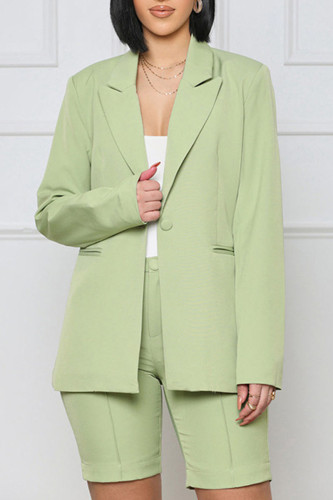 Light Green Casual Solid Patchwork Buttons Turn-back Collar Long Sleeve Two Pieces