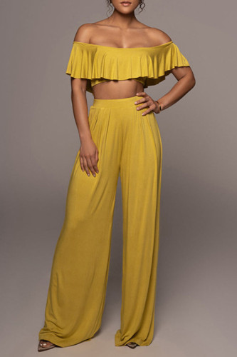 Yellow Casual Solid Patchwork Off the Shoulder Two Pieces